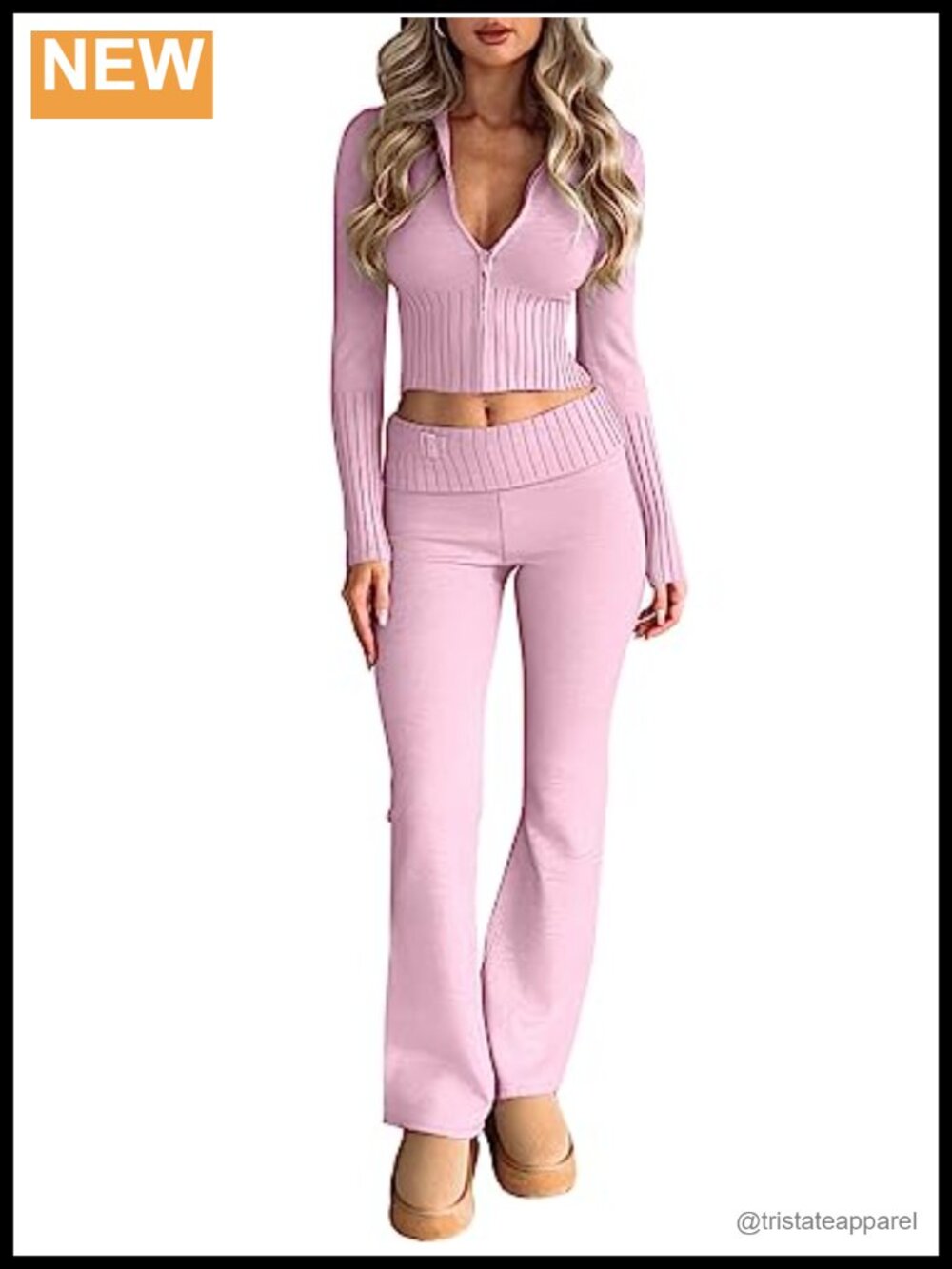 Ribbed Knit 2 Piece Sweatsuit Set Cropped Hoodie Flared Pants